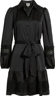 Anne Klein Lace Trim Long Sleeve Tie Belt Satin Shirtdress