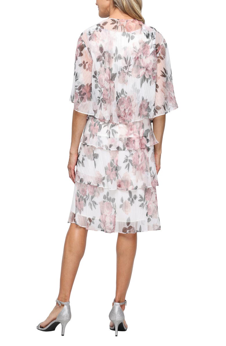 SL FASHIONS Tiered Floral Shimmer Cocktail Dress with Jacket, Alternate, color, Blush Multi