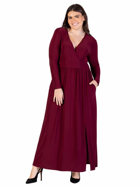 Plus Size Long Sleeve V Neck Side Slit  Maxi Dress