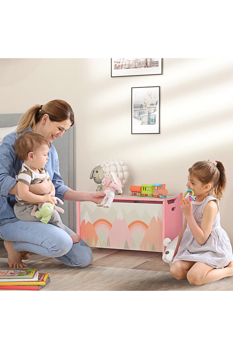 Kids Toy Box with Lid, Safety Hinge, Cute Animal Design, Storage, Alternate, color, Pink