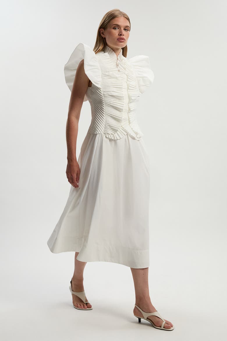 Pleated Ruffle Sleeve Woven Midi Dress, Alternate, color, Ivory