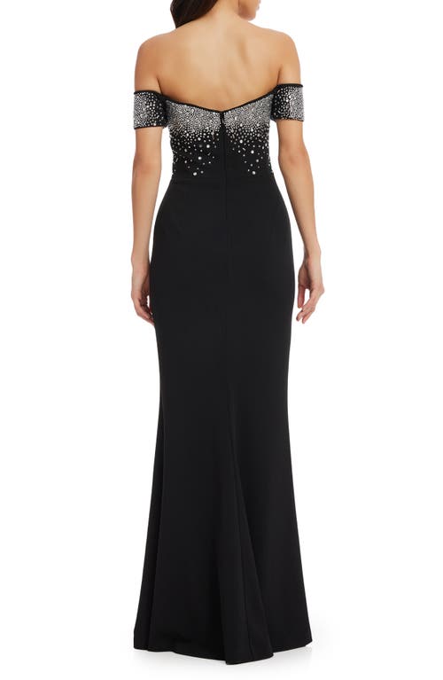 Dress The Population Logan Embellished Off The Shoulder Gown In Black-silver