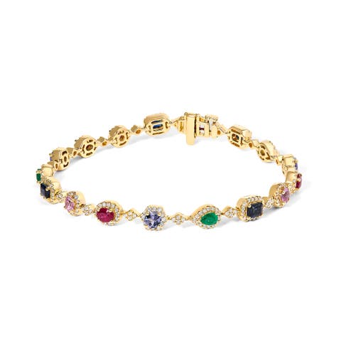 14K Yellow Gold Multi-Gemstone and Diamond Halo Rainbow Link Bracelet