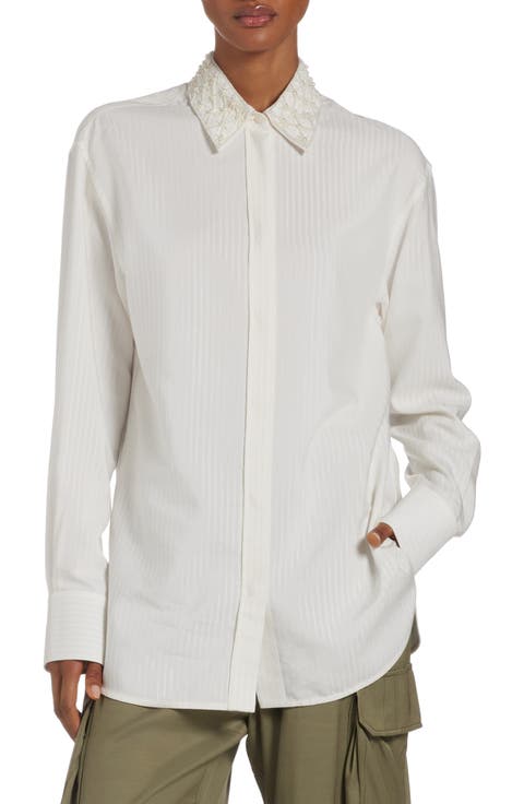 Imitation Pearl Embellished Jacquard Stripe Button-Up Shirt