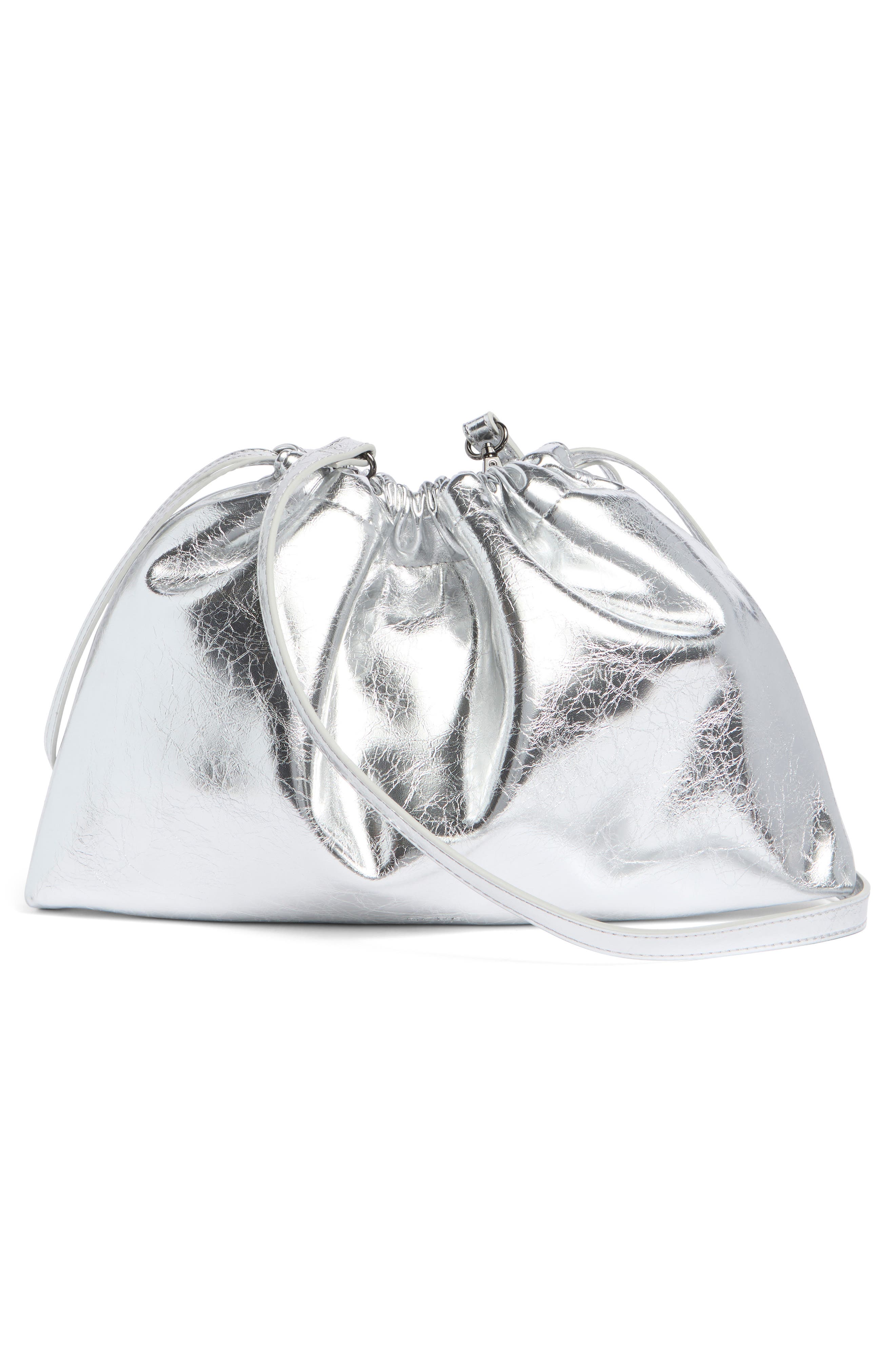 BCBG Metallic Drawstring Clutch, Alternate, color, Silver