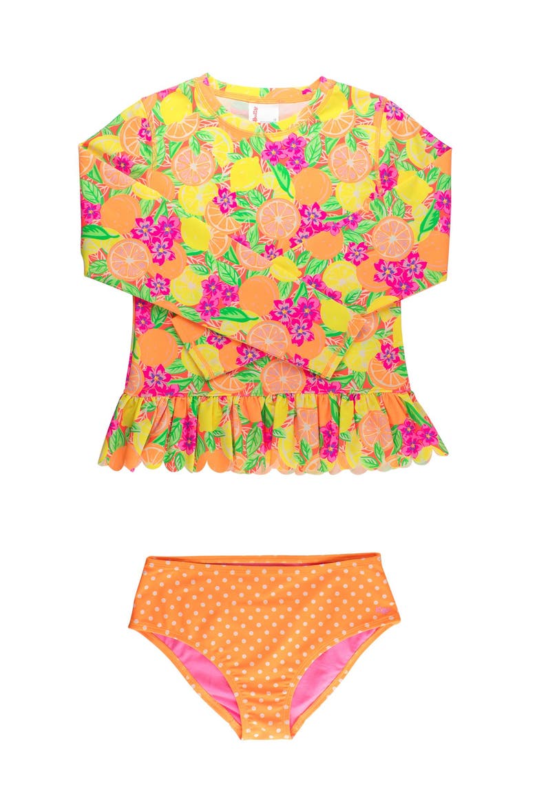 Scallop Hem Long Sleeve Rash Guard 2-Piece Bikini Swimsuit, Main, color, Neon Squeeze the Day