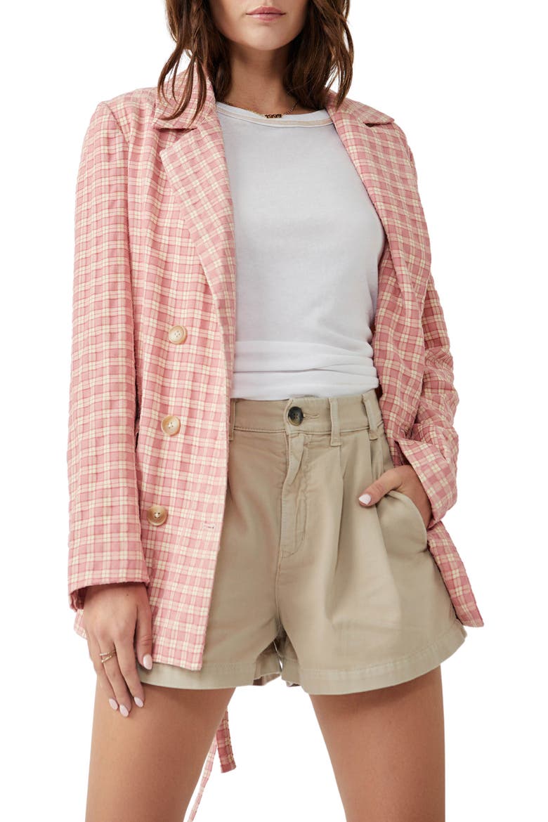 Olivia Tie Waist Gingham Double Breasted Blazer, Main, color, PINK