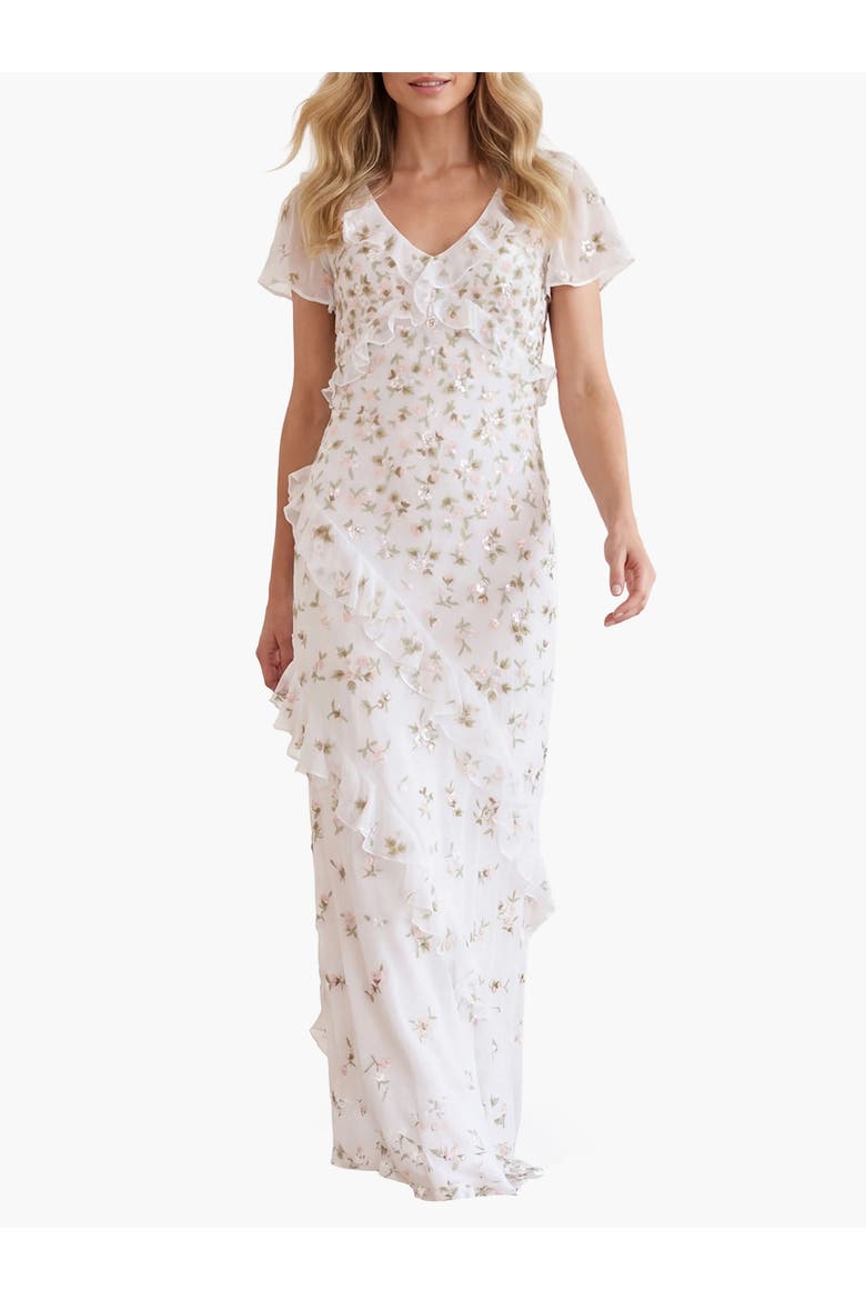 Meadow Ditsy Georgette Gown, Main, color, Swan White/Peach