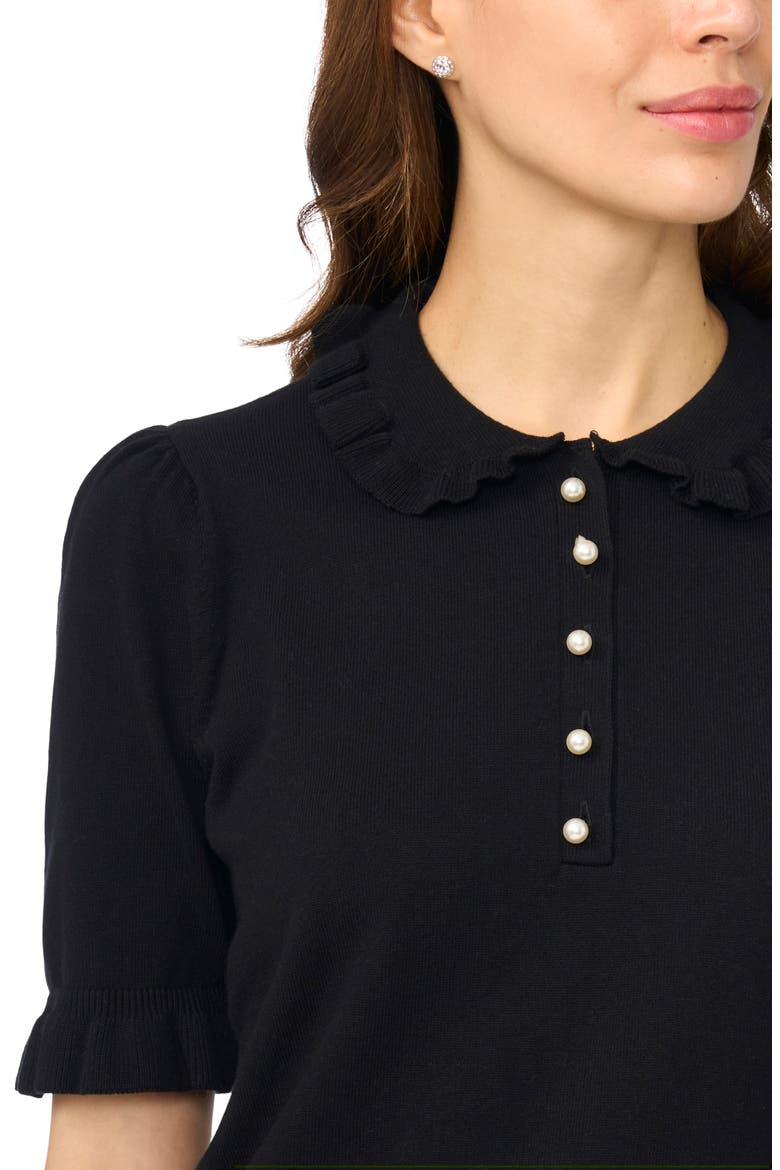Ruffle Collar Short Sleeve Polo Sweater, Alternate, color, RICH BLACK