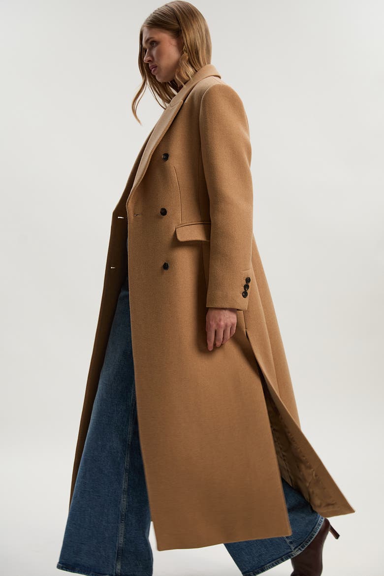 Wool Double Breasted Tailored Maxi Coat, Alternate, color, Camel