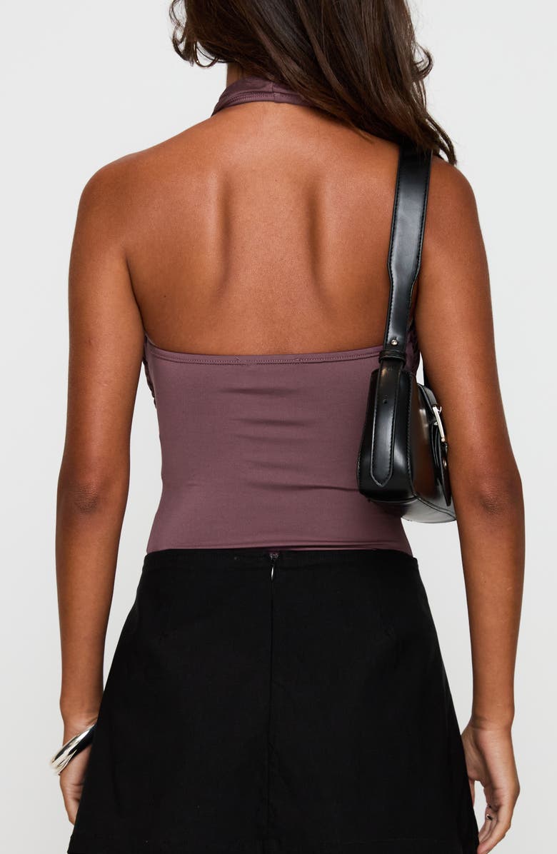 Princess Polly Shoot A Shot Wrap Halter Bodysuit, Alternate, color, Plum