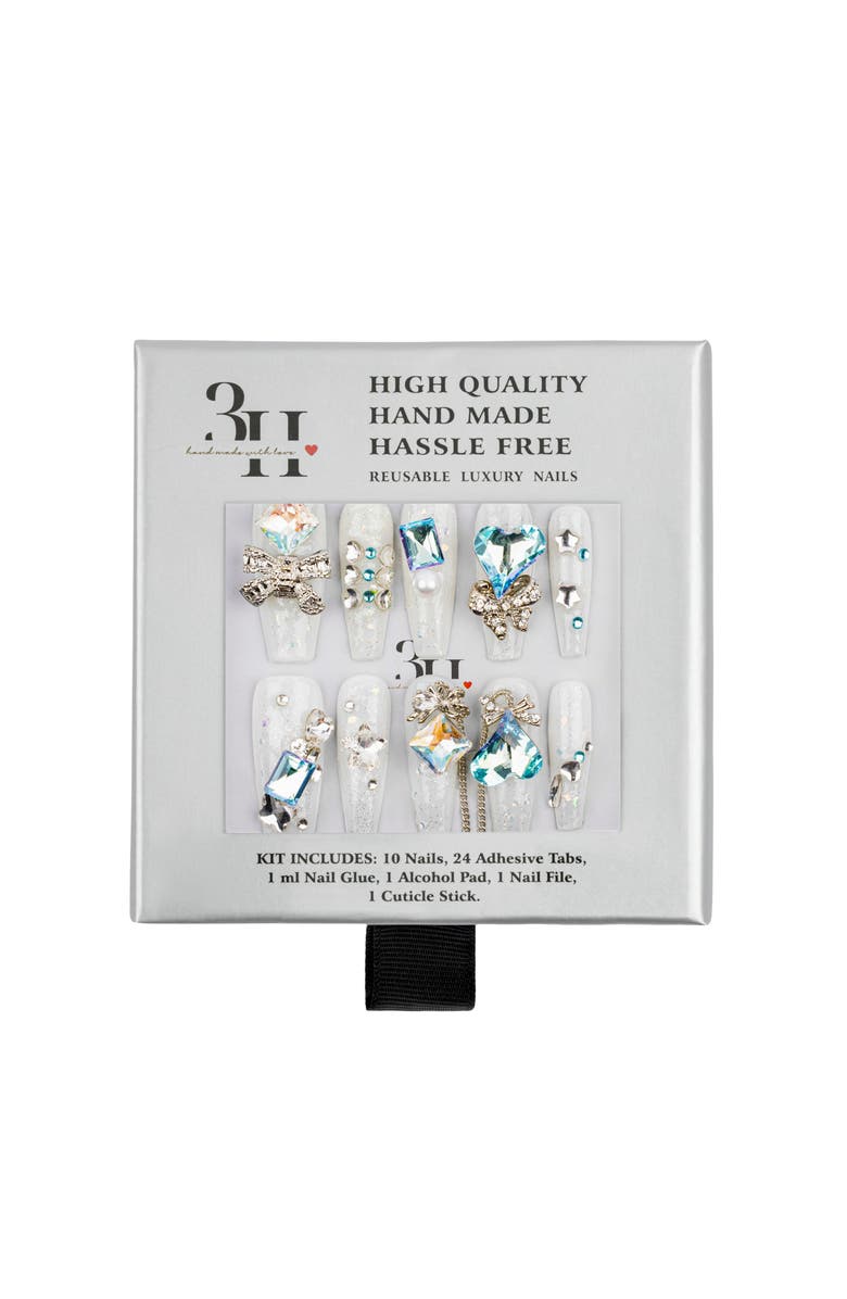 3H Nails Crystal Blue Glam Luxury Handmade Press On Nails, Alternate, color, White, Teal