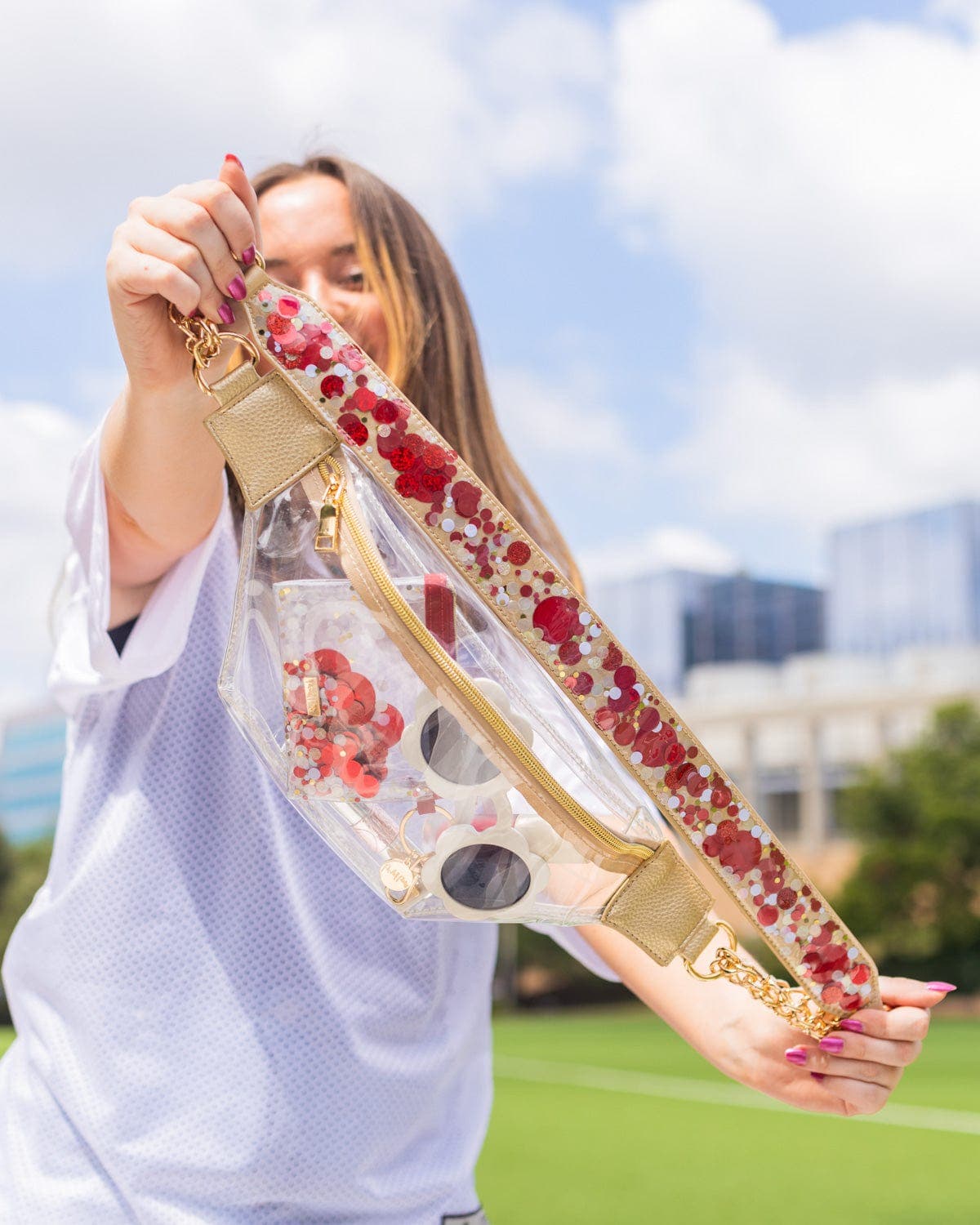 Rally Red Confetti Adjustable Belt Bag Strap - 48-Inch Gold Chain with Red Confetti Vegan Leather for Cooper and Stadium Clear Bags, Alternate, color, Red