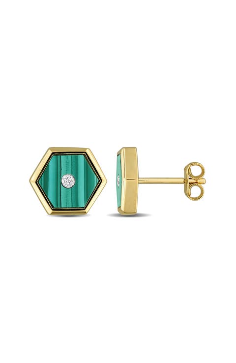 Malachite & Diamond Hexagon Stud Earrings - 0.07ct.