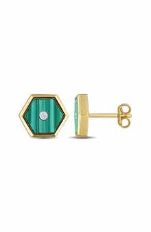 DELMAR Malachite & Diamond Hexagon Stud Earrings - 0.07ct.
