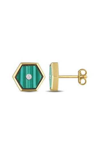 Delmar Malachite & Diamond Hexagon Stud Earrings In Green