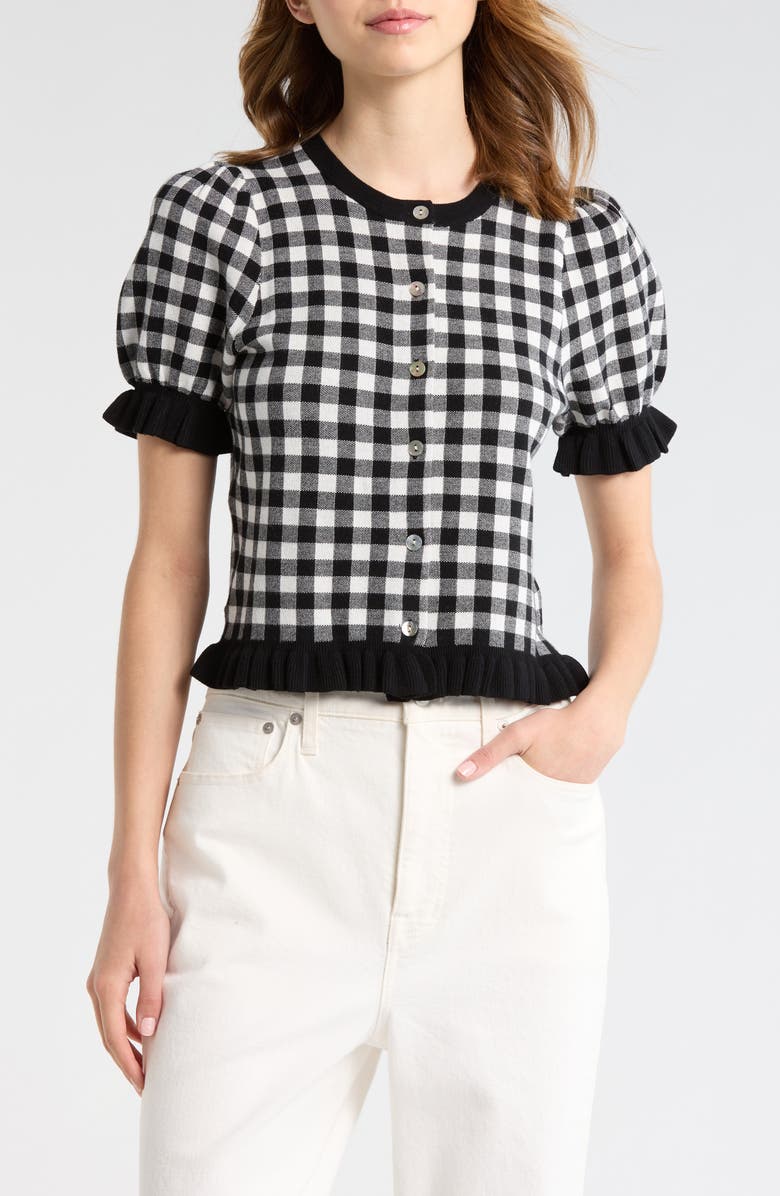 Rails Lora Short Sleeve Cardigan, Main, color, Black White Gingham