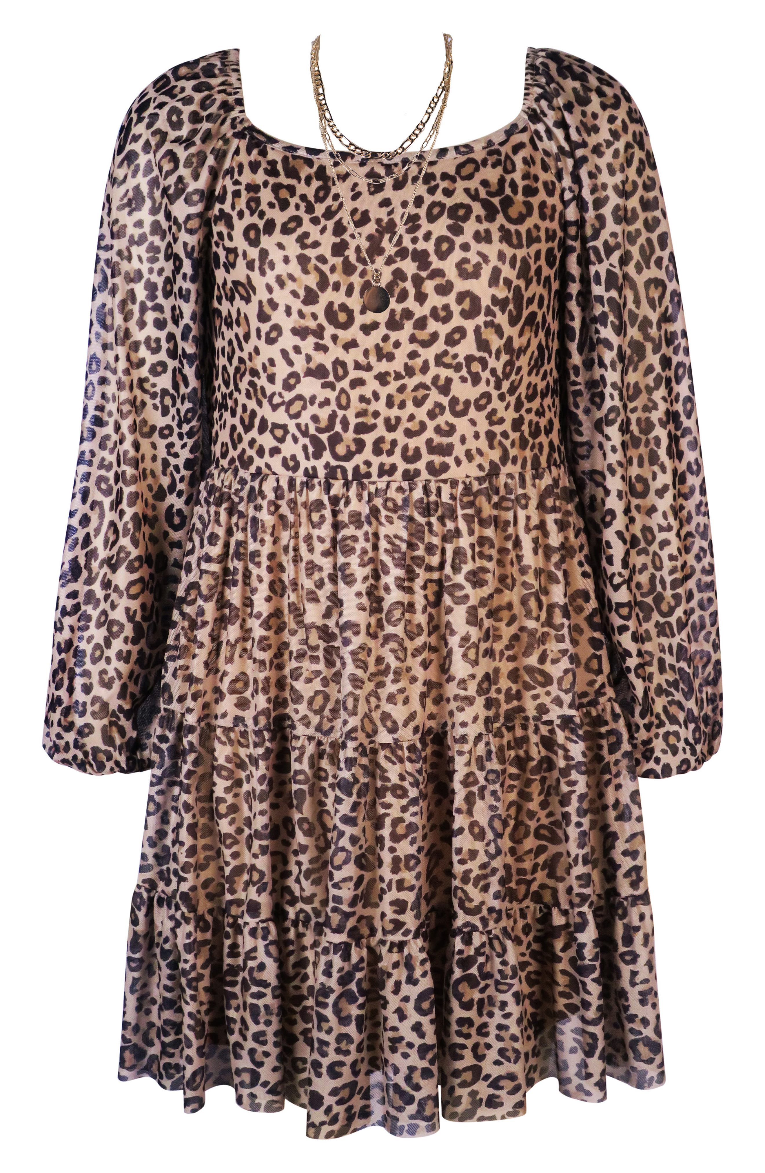 Zunie Kids' Leopard Print Long Sleeve Tiered Dress