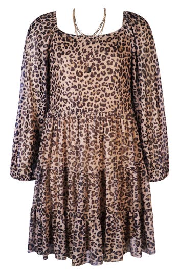 Zunie Kids' Leopard Print Long Sleeve Tiered Dress In Brown
