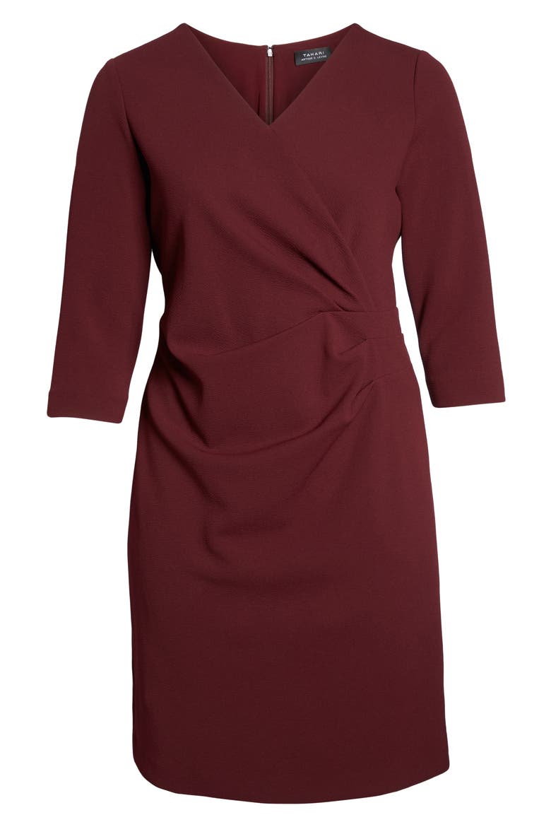 Ruched Surplice Crepe Sheath Dress, Alternate, color, BORDEAUX