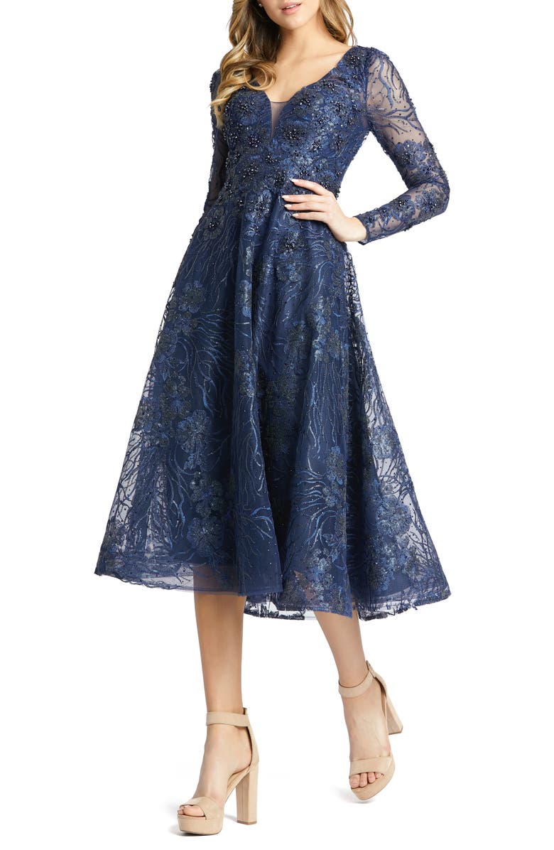 Mac Duggal Floral Embroidered Sequin Midi Gown, Main, color, 