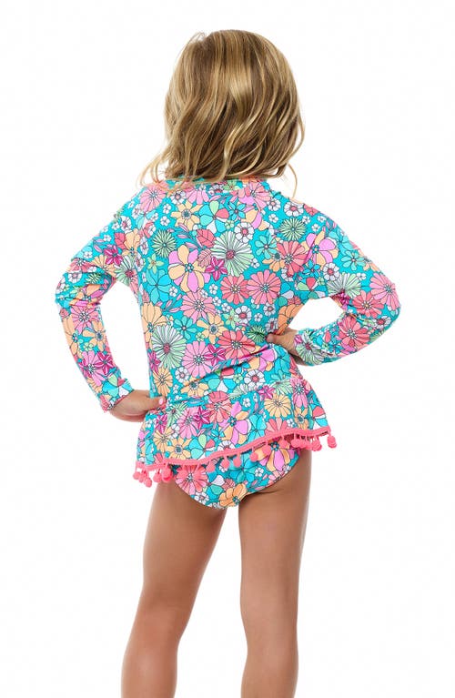 Beach Lingo Kids' Pom Trim Ruffle Long Sleeve Two-piece Rashguard Swimsuit In Multi