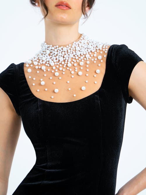 Miss Circle Rachael Velvet Pearl Embellished Gown In Black