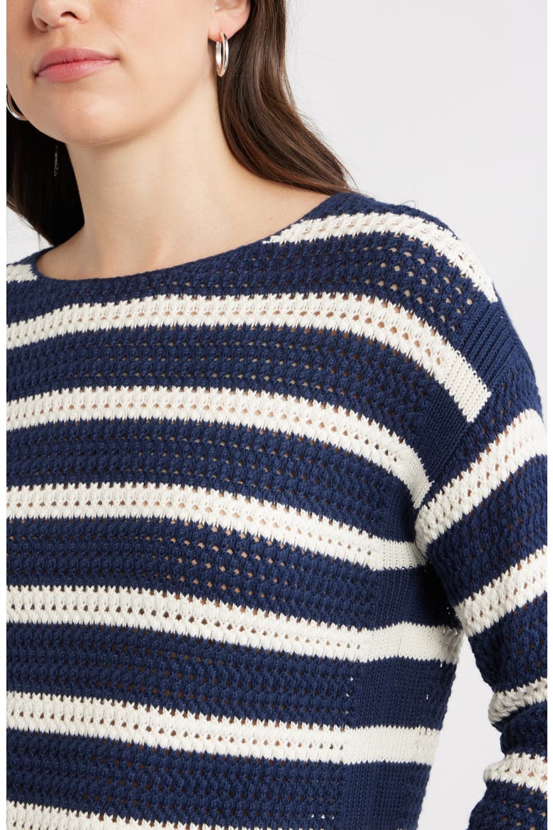 Open Stitch Cotton Blend Sweater, Alternate, color, NAVY- IVORY MATTY STRIPE
