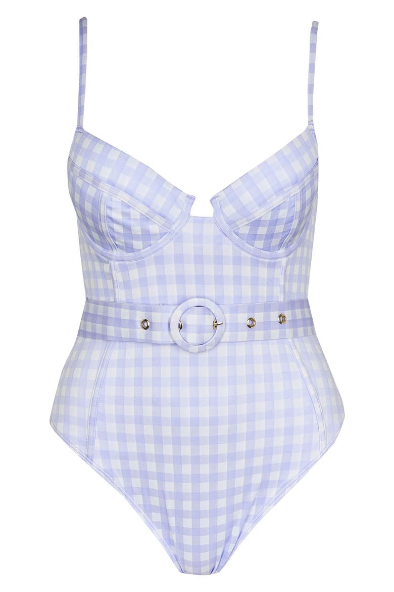 Belted Structured Gingham Underwire One-Piece Swimsuit, Alternate, color, LIGHT PURPLE