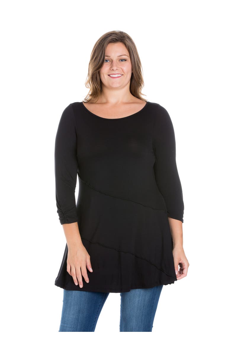 24seven Comfort Apparel Plus Size Ruched Sleeve Swing  Tunic Top, Main, color, Black