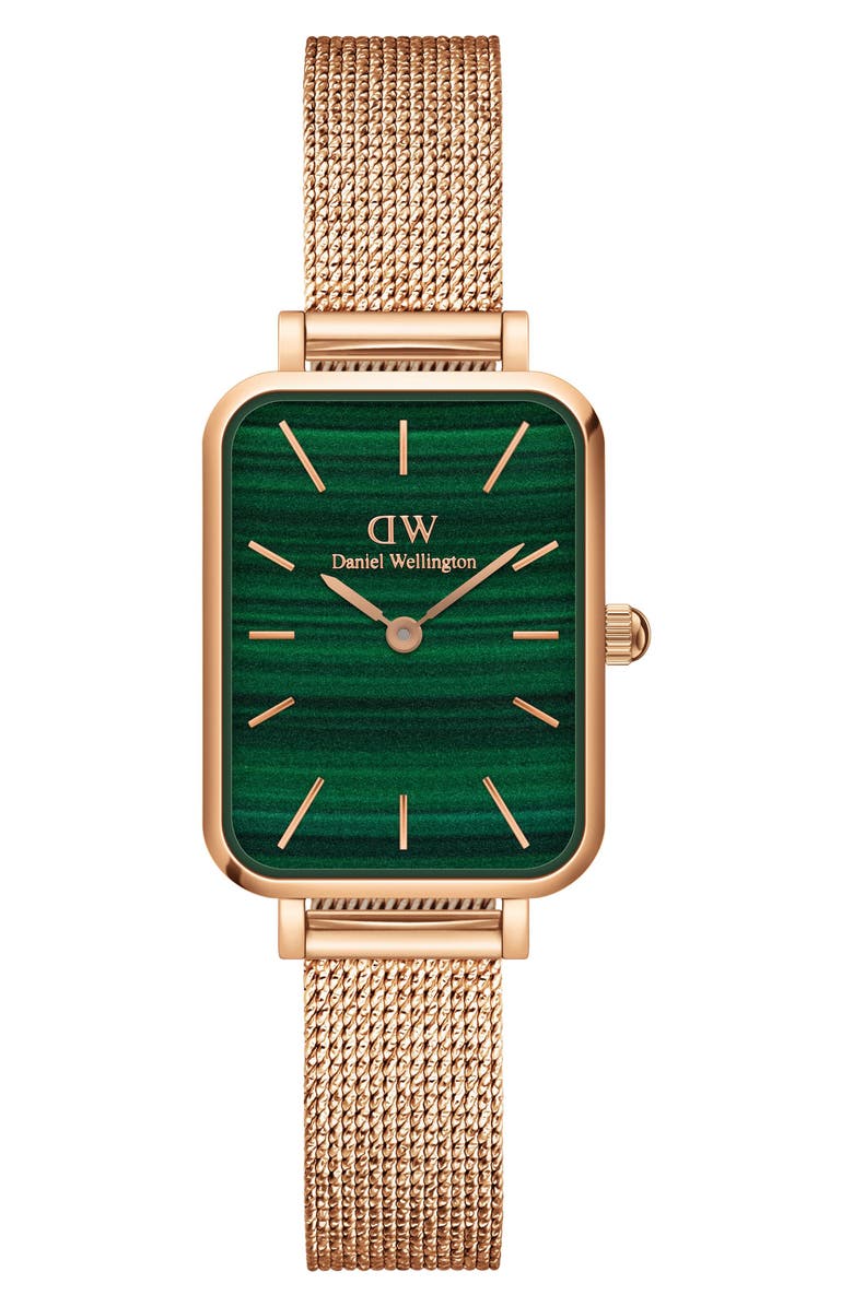 Daniel Wellington Quadro Melrose Mesh Strap Watch, 20mm x 26mm, Main, color, Rose Gold/ Green