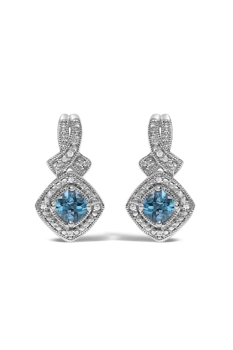 Sterling Silver Cushion Cut Blue Topaz and Diamond Accent Twist Motif Dangle Earrings, Main, color, Silver