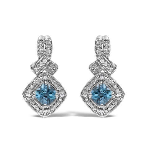 Sterling Silver Cushion Cut Blue Topaz and Diamond Accent Twist Motif Dangle Earrings