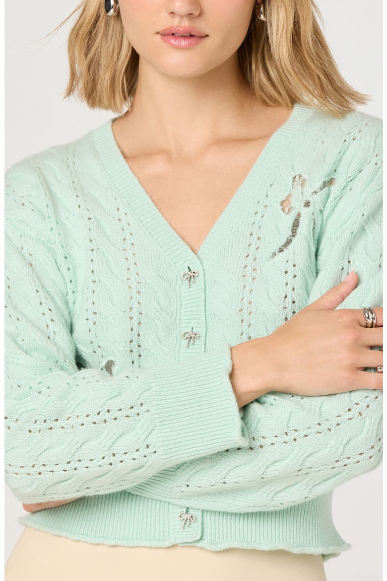 Kalen Open Knit Bow Cardigan, Alternate, color, SEAFOAM