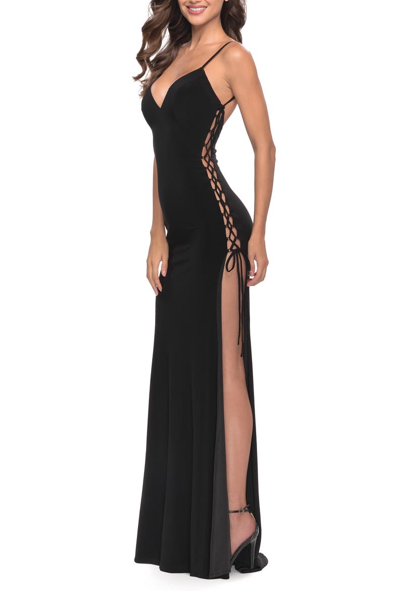 Matte Jersey Dress Featuring Open Lace Up Sides, Main, color, Black