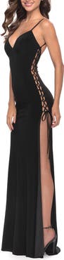 La Femme Matte Jersey Dress Featuring Open Lace Up Sides
