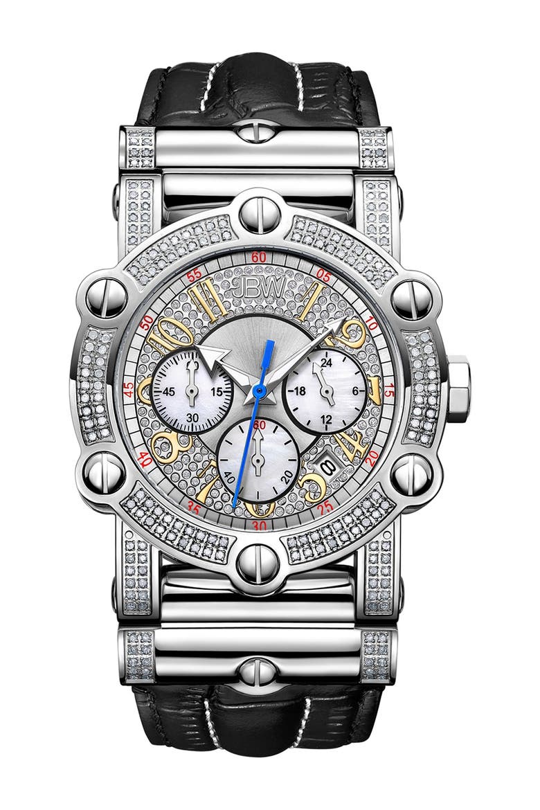 Men's Phantom 10 Year Chronograph Diamond Croc Embossed Leather Strap Watch, 42mm - 1.96 ctw, Main, color, SILVER