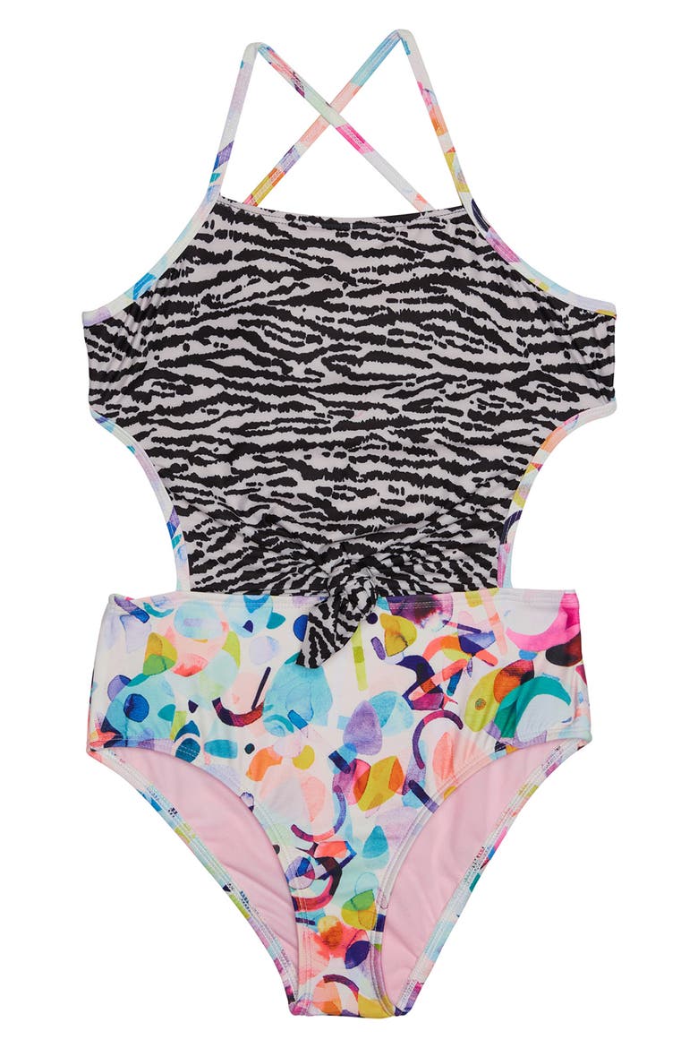Kids' Mix Print Cutout One-Piece Swimsuit, Main, color, MULTI