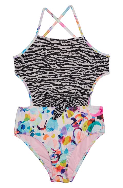 Kids' Mix Print Cutout One-Piece Swimsuit
