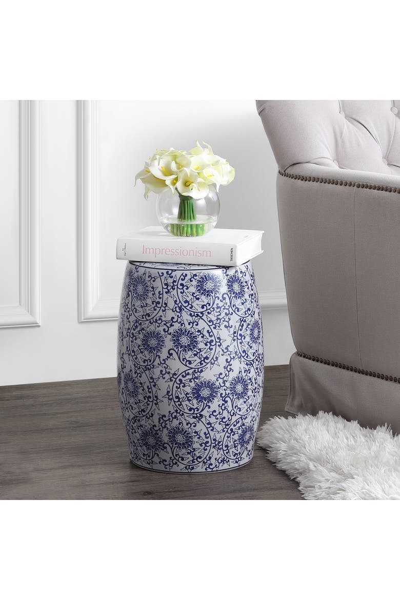 Lotus Blossom Traditional Floral Chinoiserie Ceramic Drum Garden Stool, Pierced Indoor/Outdoor Patio Seat & Side Table, Alternate, color, Blue/White