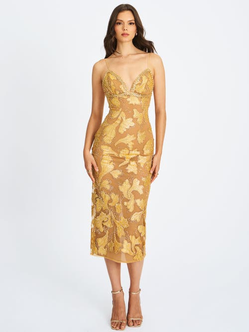 Miss Circle Women Edie Gold Beaded Sequin Midi Pencil Dress In Brown