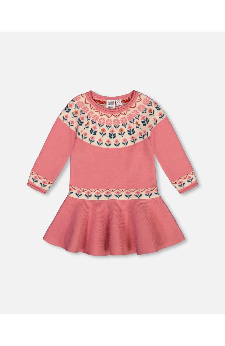 Deux par Deux Baby Girl's Knit Dress With Round Intarsia Flowers Light Pink, Main, color,