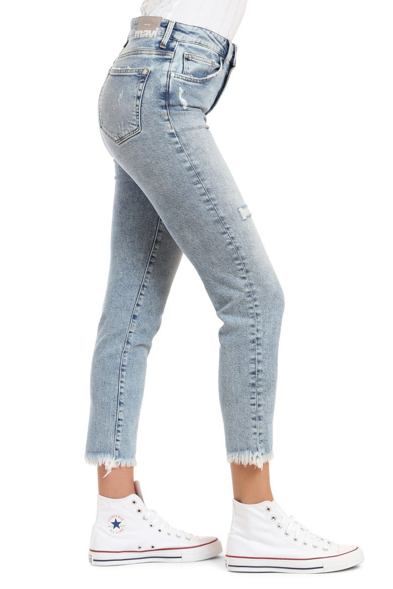 Star High Waist Distressed Fray Hem Straight Leg Jeans, Alternate, color, RIPPED BLUE RECYCLED DENIM