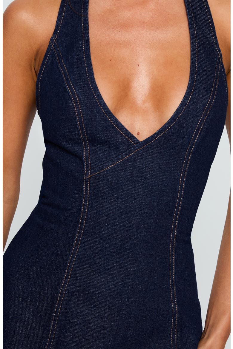 Say Goodnight Denim Halter Minidress, Alternate, color, MID WASH