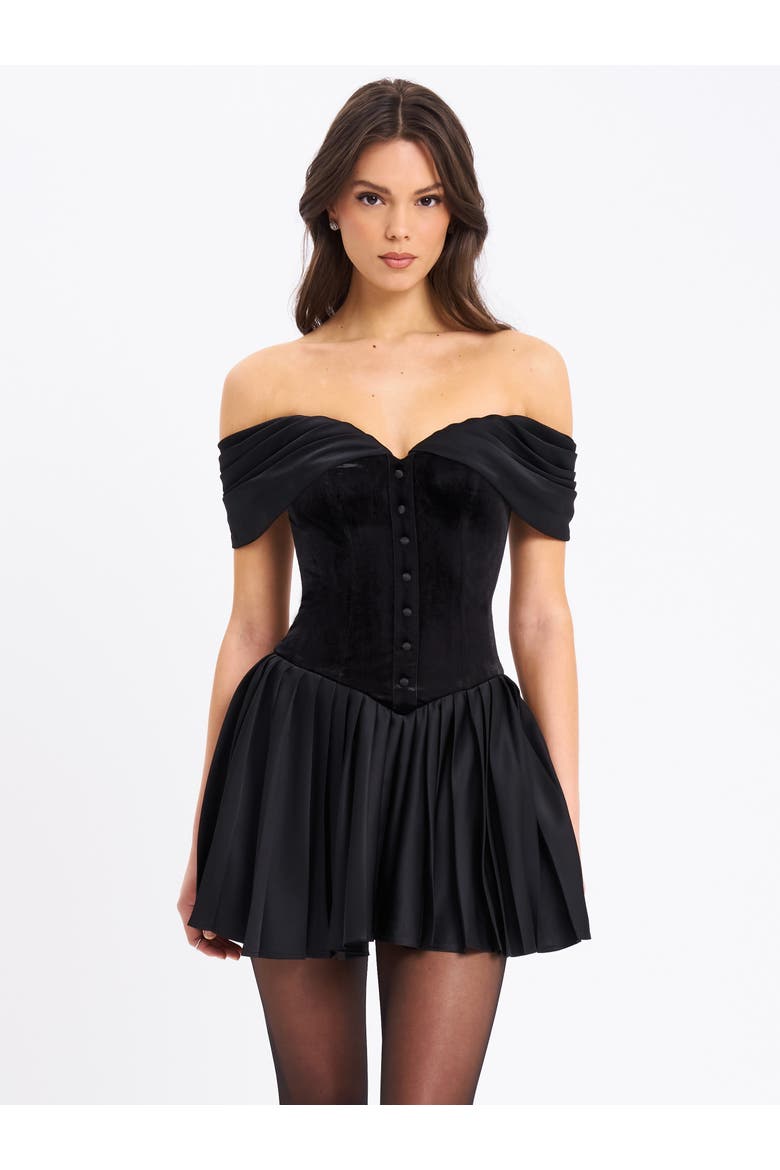 Echo Velvet Off-shoulder Pleated Mini Dress, Alternate, color, Black