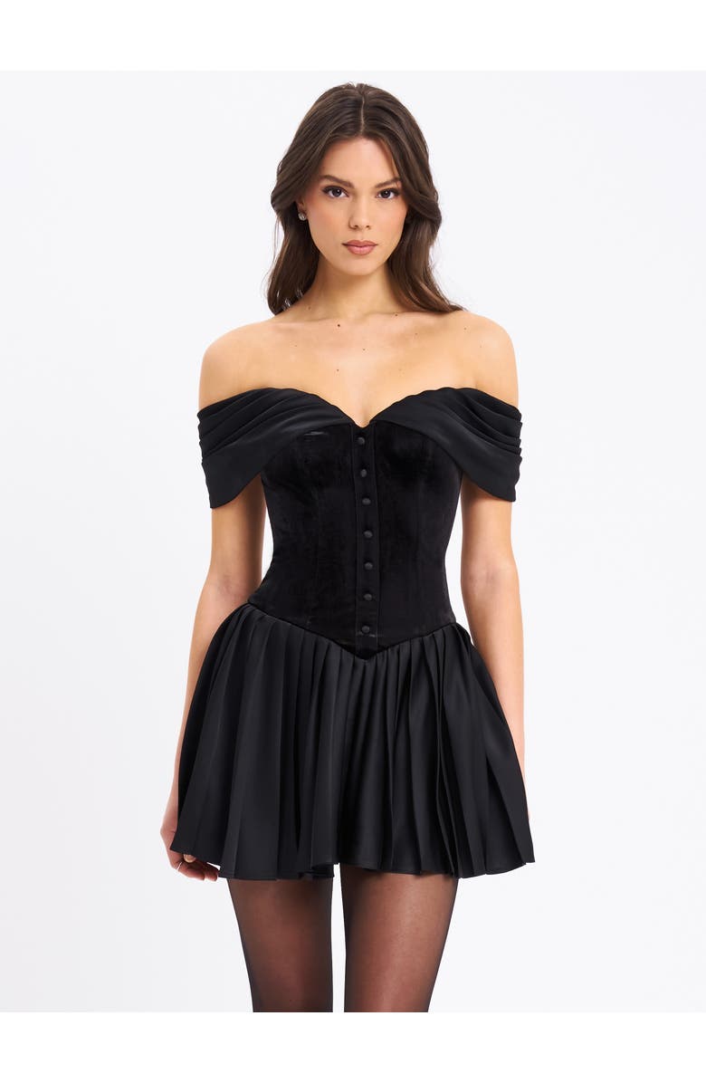 Miss Circle Echo Velvet Off-shoulder Pleated Mini Dress, Alternate, color, Black
