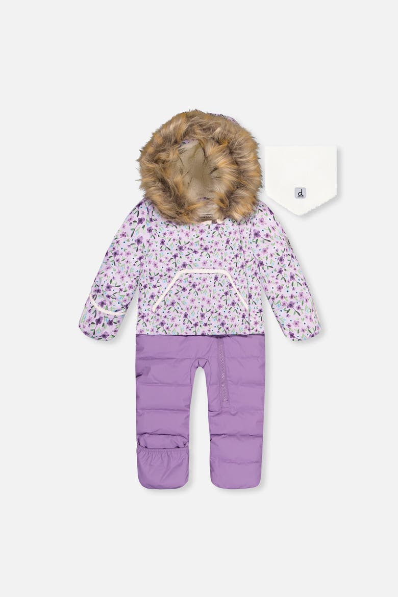 Mini Flowers Snug Car Seat Fleece Neckwarmer One Piece Snowsuit, Main, color, Purple Printed Mini Flowers