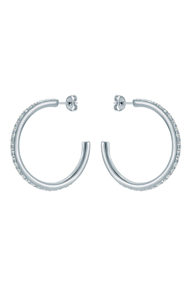 Clanci Medium Crystal Hoop Earrings, Alternate, color, SILVER TONE / CLEAR CRYSTAL