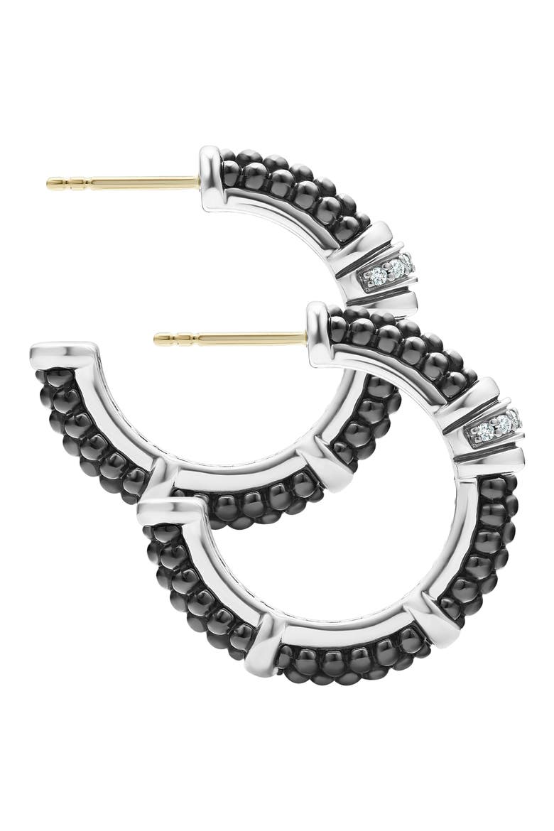 Black Caviar Diamond Hoop Earrings, Alternate, color, SILVER/ BLACK CERAMIC/ DIAMOND