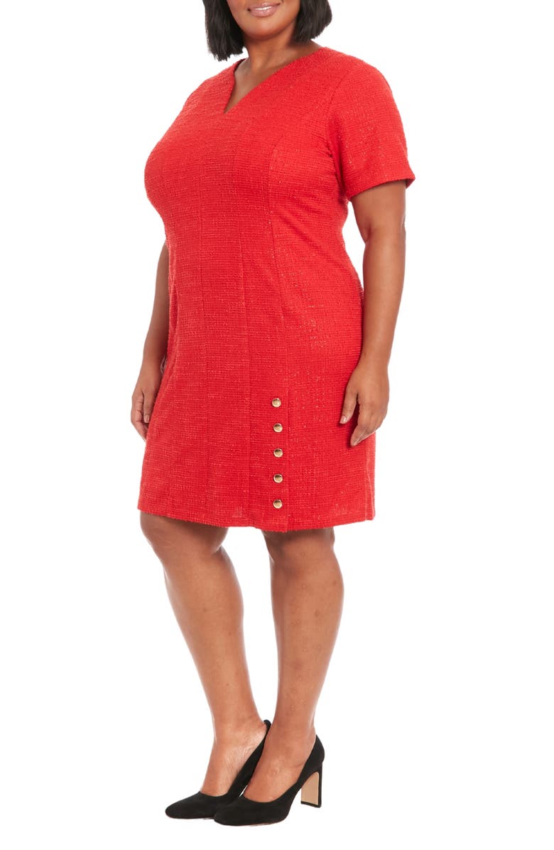 London Times Short Sleeve Side Button Bouclé Sheath Dress, Alternate, color, Red